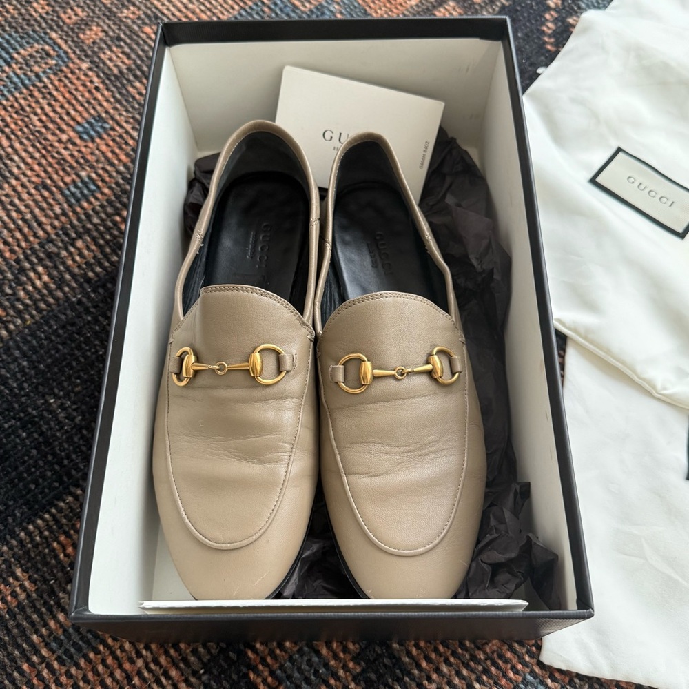 Gucci Women's Taupe Leather Loafers with Gold Hardware
